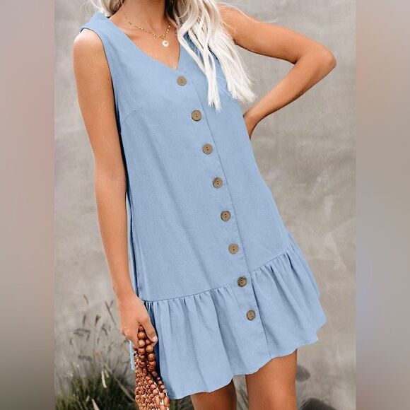 Button Down V Neck Sleeveless Swing Mini Dress Small - Picture 2 of 5